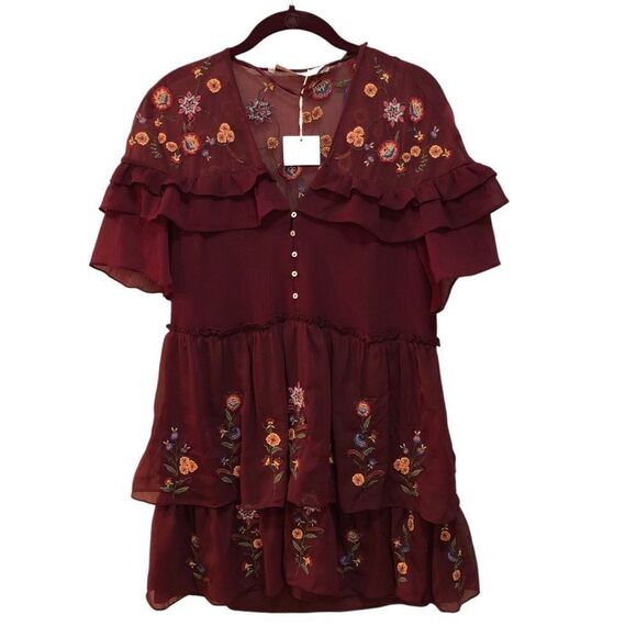 Zara Dresses & Skirts - Zara Womens Mini Dress Red S Short Sleeve Embroidered Floral Ruffle Tiered NWT